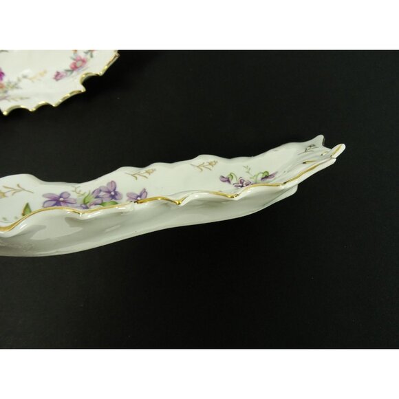 Vintage Dresden Style Leaf Dish Lot of 2 Hand Painted Floral Flowers Gold Trim - Picture 15 of 16
